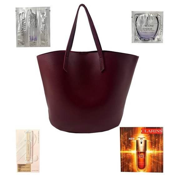 Macy’s burgundy tote & beauty samples - Picture 1 of 2